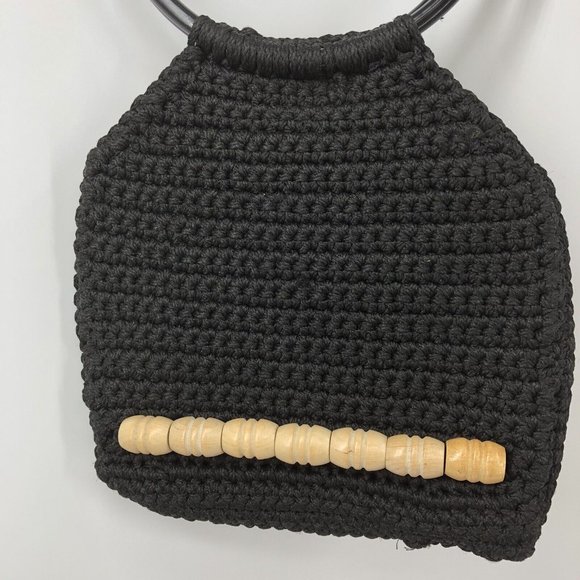 VTG 70s Black Macrame Purse Bag Round Handles Wood Beads Boho Handmade Retro - Picture 2 of 11